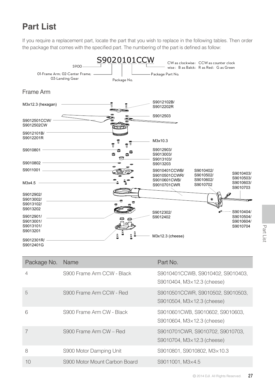 Part list, Frame arm package no. name part no | DJI S900 User Manual | Page 27 / 32