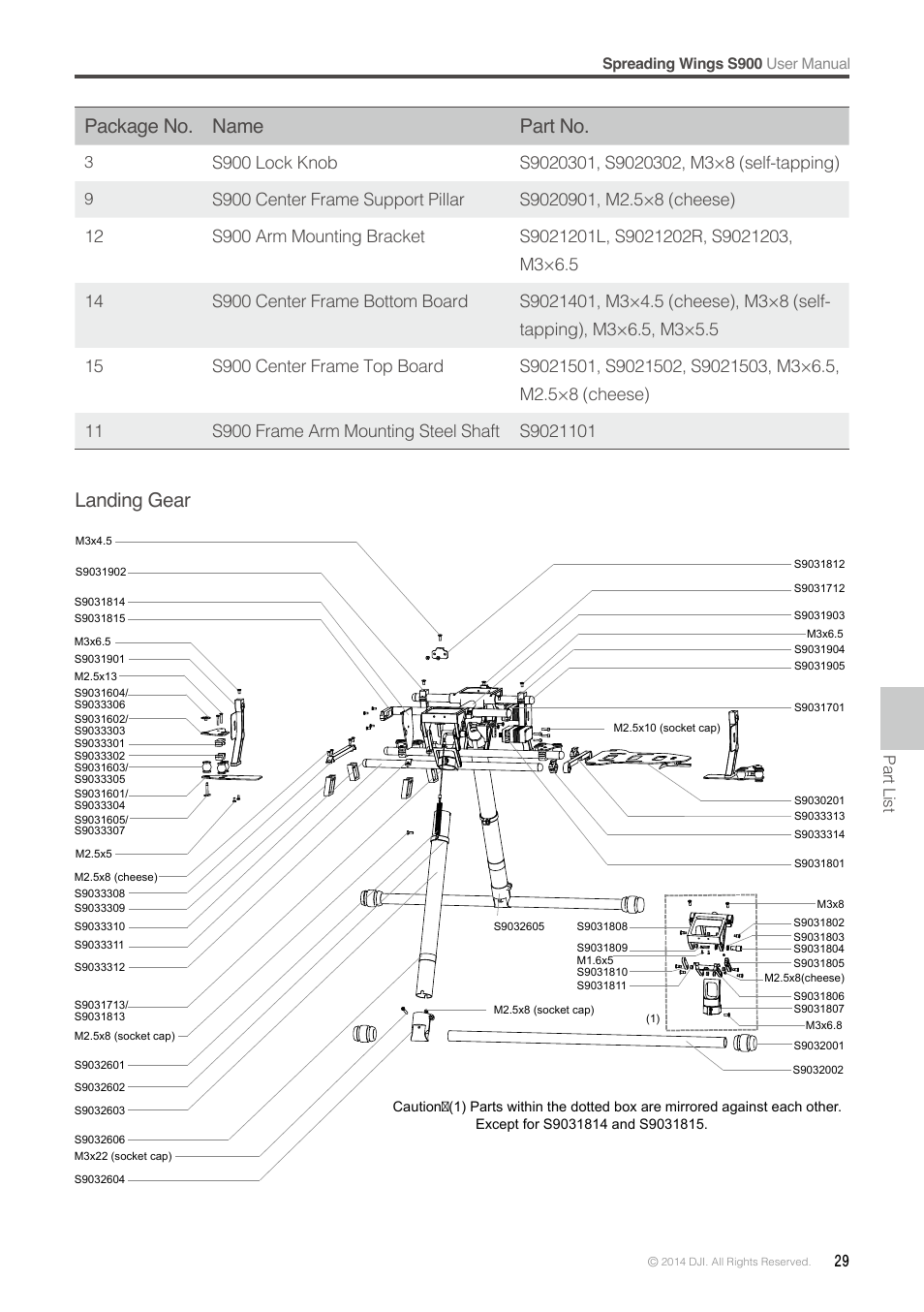 Package no. name part no, Landing gear, Part list | DJI S900 User Manual | Page 29 / 32