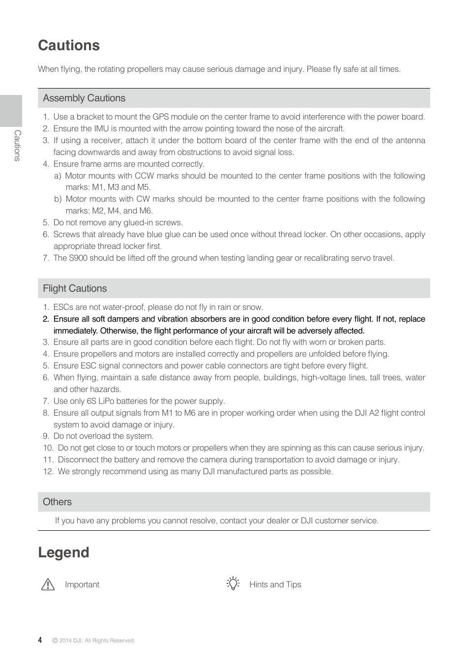 Cautions, Legend | DJI S900 User Manual | Page 4 / 32