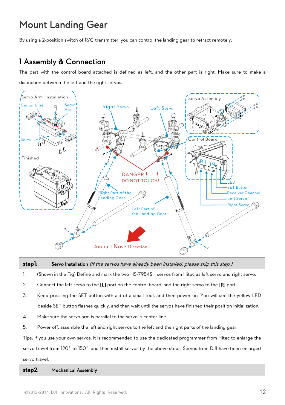 Mount landing gear, 1 assembly & connection, Step1 | Step2 | DJI S800 EVO User Manual | Page 12 / 26