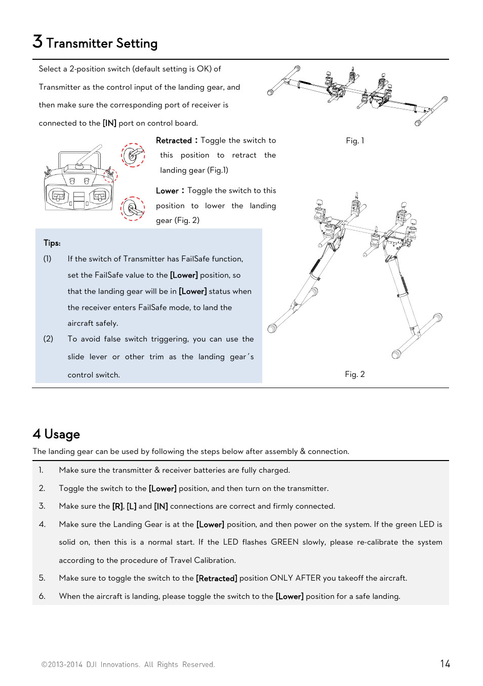 3 transmitter setting, 4 usage, Transmitter setting | DJI S800 EVO User Manual | Page 14 / 26