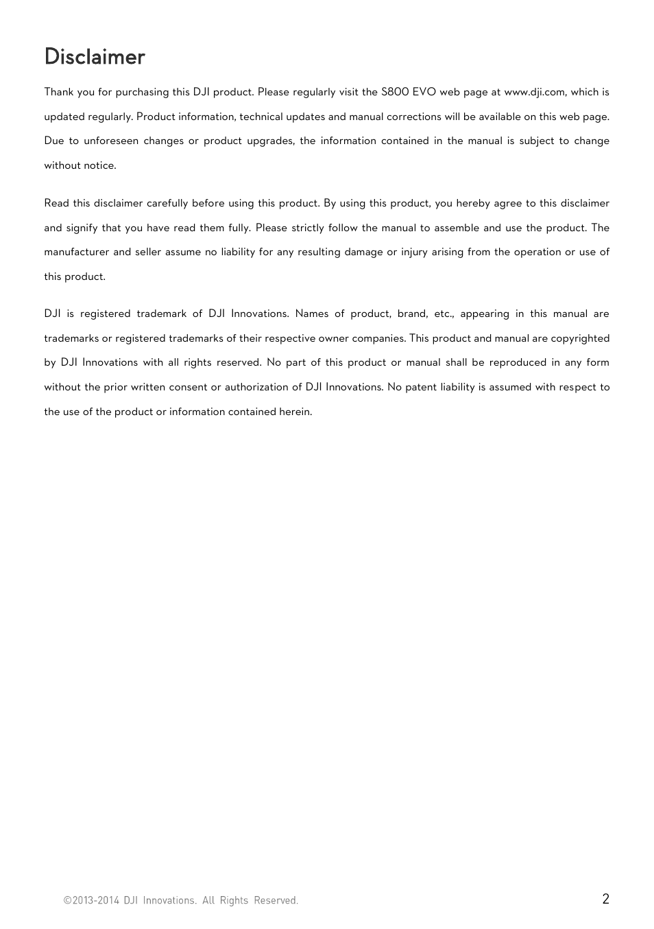 Disclaimer | DJI S800 EVO User Manual | Page 2 / 26