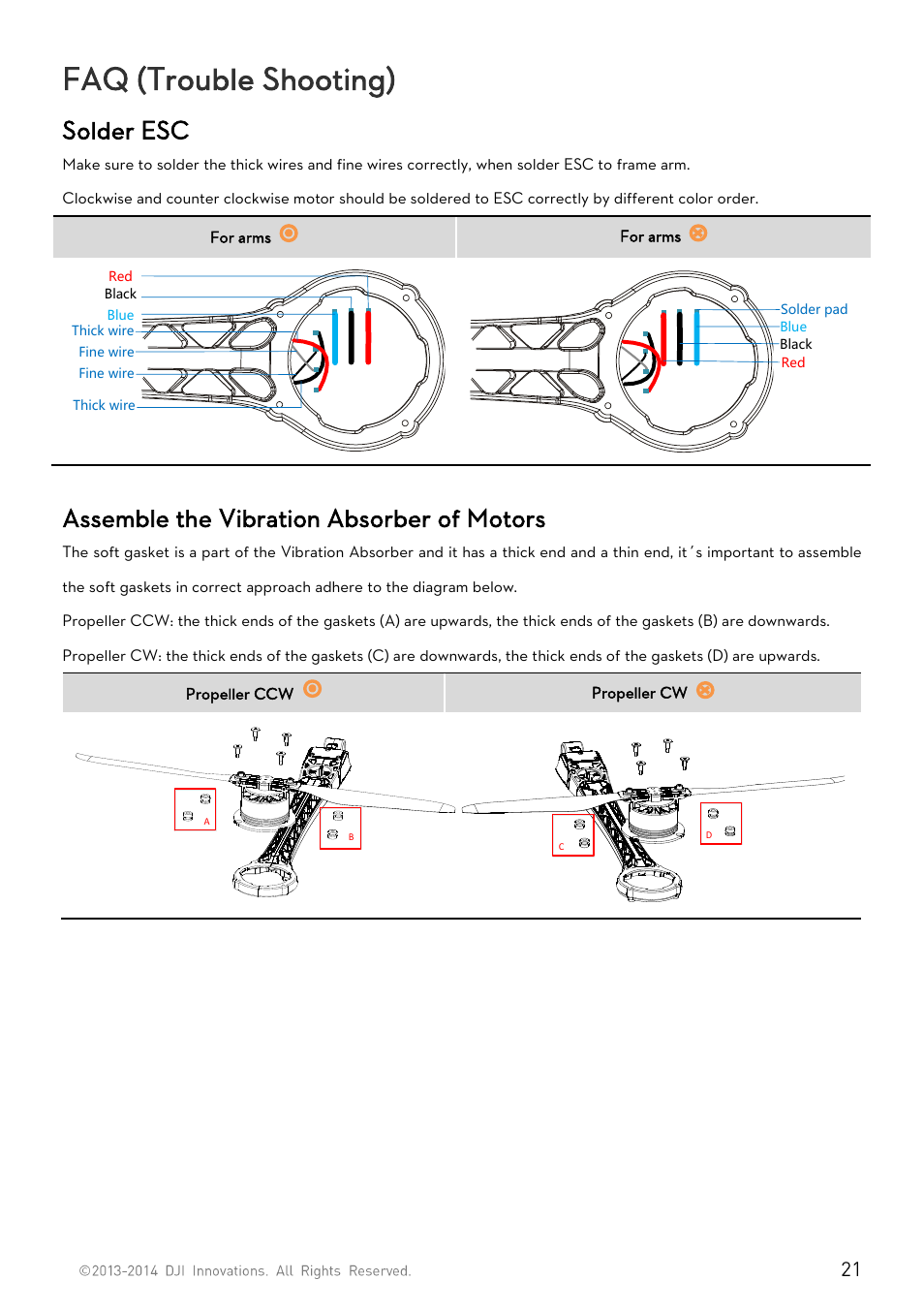 Faq (trouble shooting), Solder esc, Assemble the vibration absorber of motors | DJI S800 EVO User Manual | Page 21 / 26