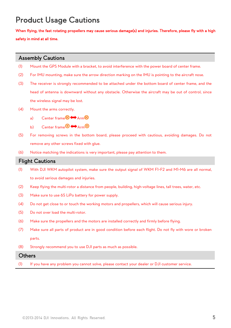 Product usage cautions, Assembly cautions, Flight cautions | Others | DJI S800 EVO User Manual | Page 5 / 26