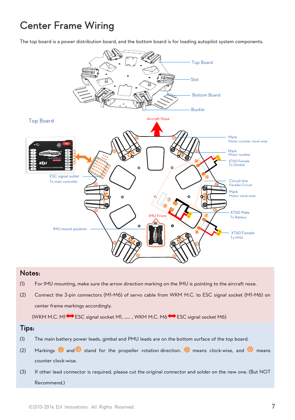 Center frame wiring, Tips, Top board | DJI S800 EVO User Manual | Page 7 / 26