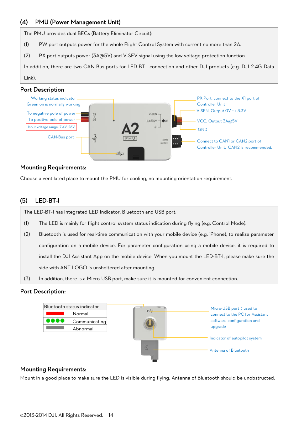 4) pmu (power management unit), Port description, Mounting requirements | 5) led-bt-i | DJI A2 User Manual | Page 14 / 56