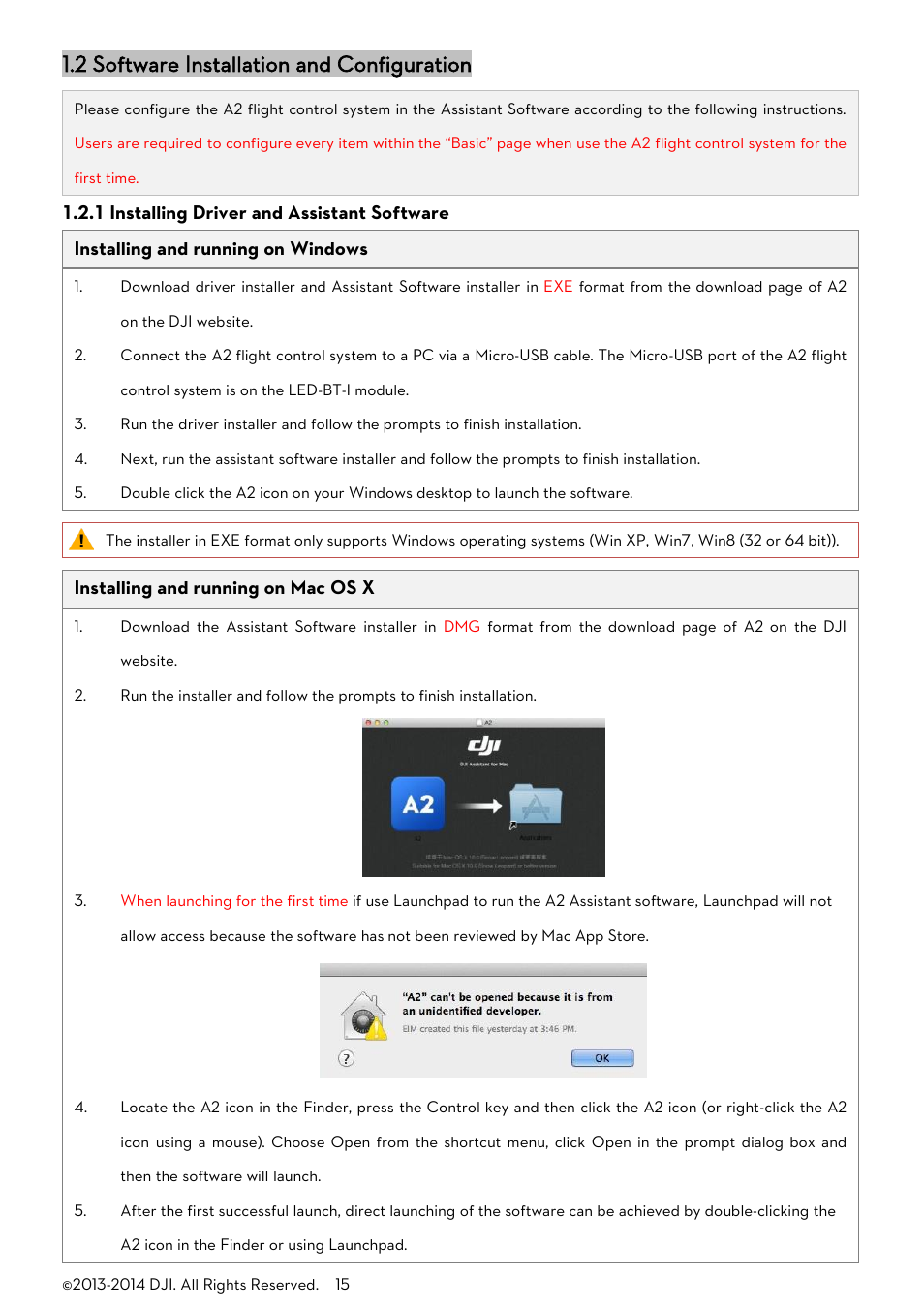 Oftware, Nstallation and, Onfiguration | 1 installing driver and assistant software, 2 software installation and configuration | DJI A2 User Manual | Page 15 / 56