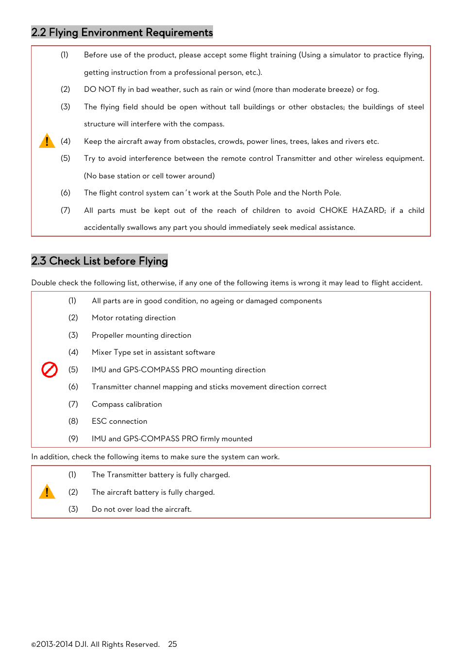 Lying, Nvironment, Equirements | Heck, Ist before, 2 flying environment requirements, 3 check list before flying | DJI A2 User Manual | Page 25 / 56