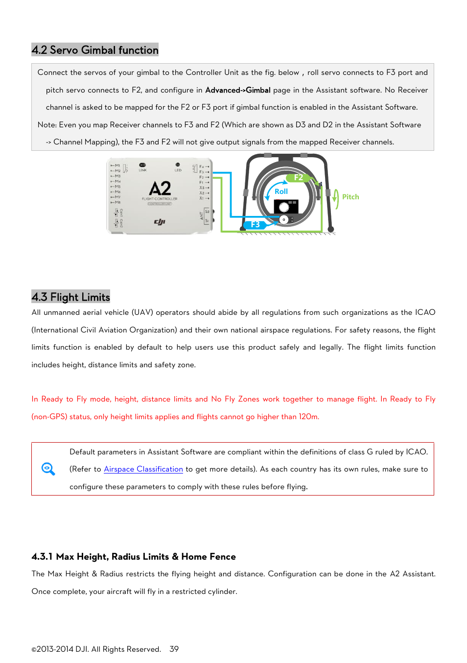 Ervo, Imbal function, Light | Imits, 1 max height, radius limits & home fence, 2 servo gimbal function, 3 flight limits | DJI A2 User Manual | Page 39 / 56