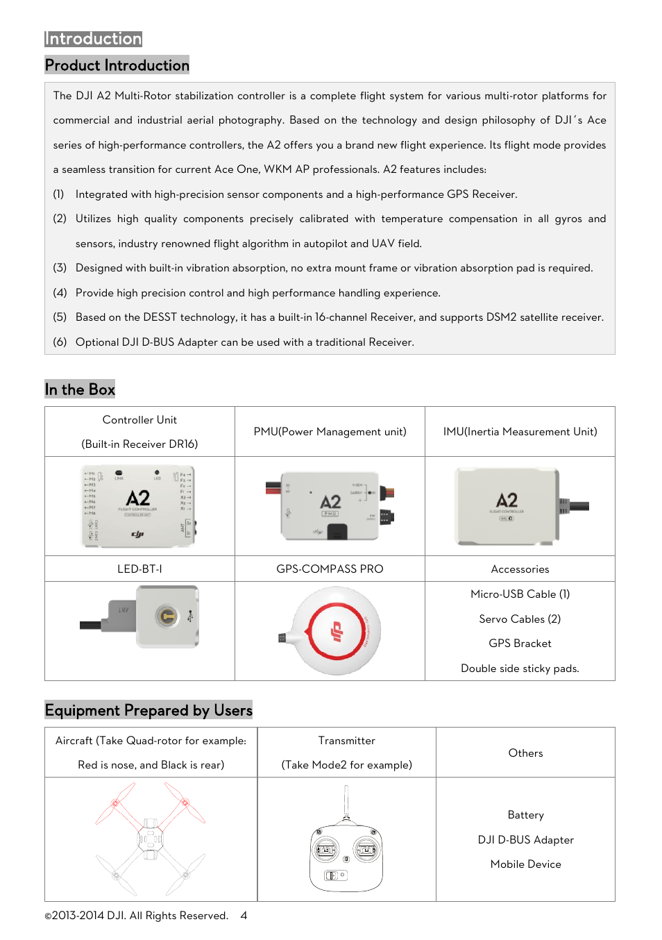 Introduction, Roduct, Ntroduction | N the, Quipment, Repared by, Sers, Product introduction, Equipment prepared by users | DJI A2 User Manual | Page 4 / 56