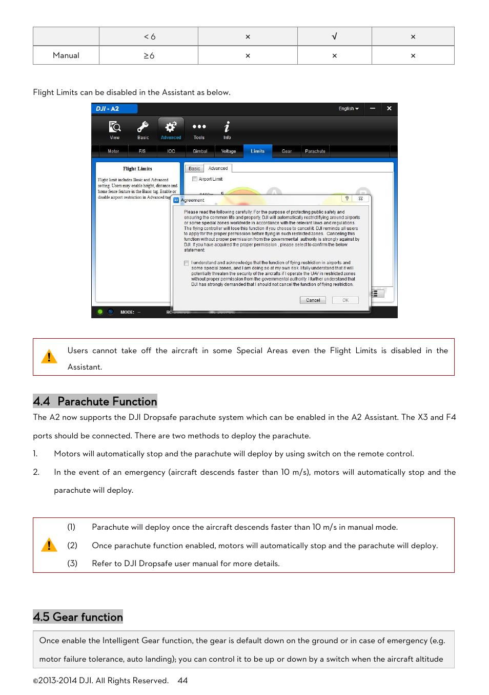 Arachute, Unction, Ear function | 4 parachute function, 5 gear function | DJI A2 User Manual | Page 44 / 56