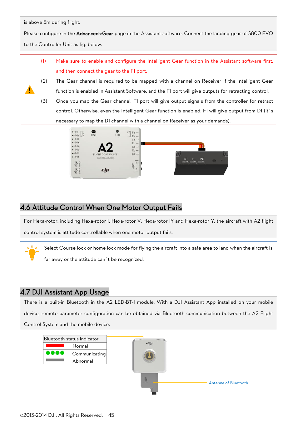 Ttitude, Ontrol, Otor | Utput, Ails, Ssistant, Sage, 6 attitude control when one motor output fails, 7 dji assistant app usage | DJI A2 User Manual | Page 45 / 56