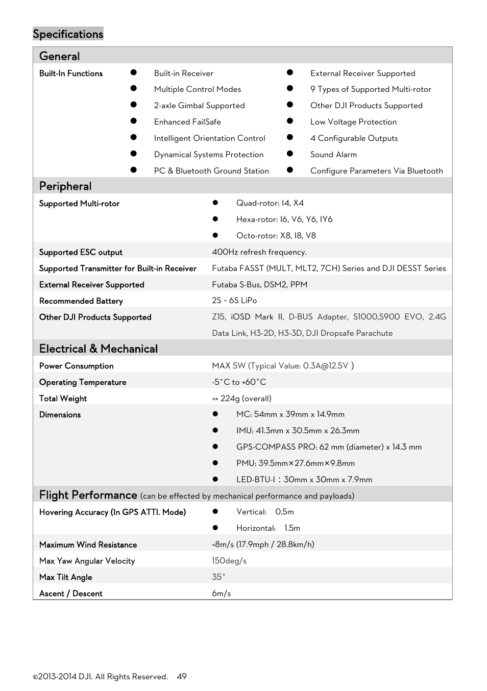 Pecifications, Specifications, General | Peripheral, Electrical & mechanical, Flight performance | DJI A2 User Manual | Page 49 / 56