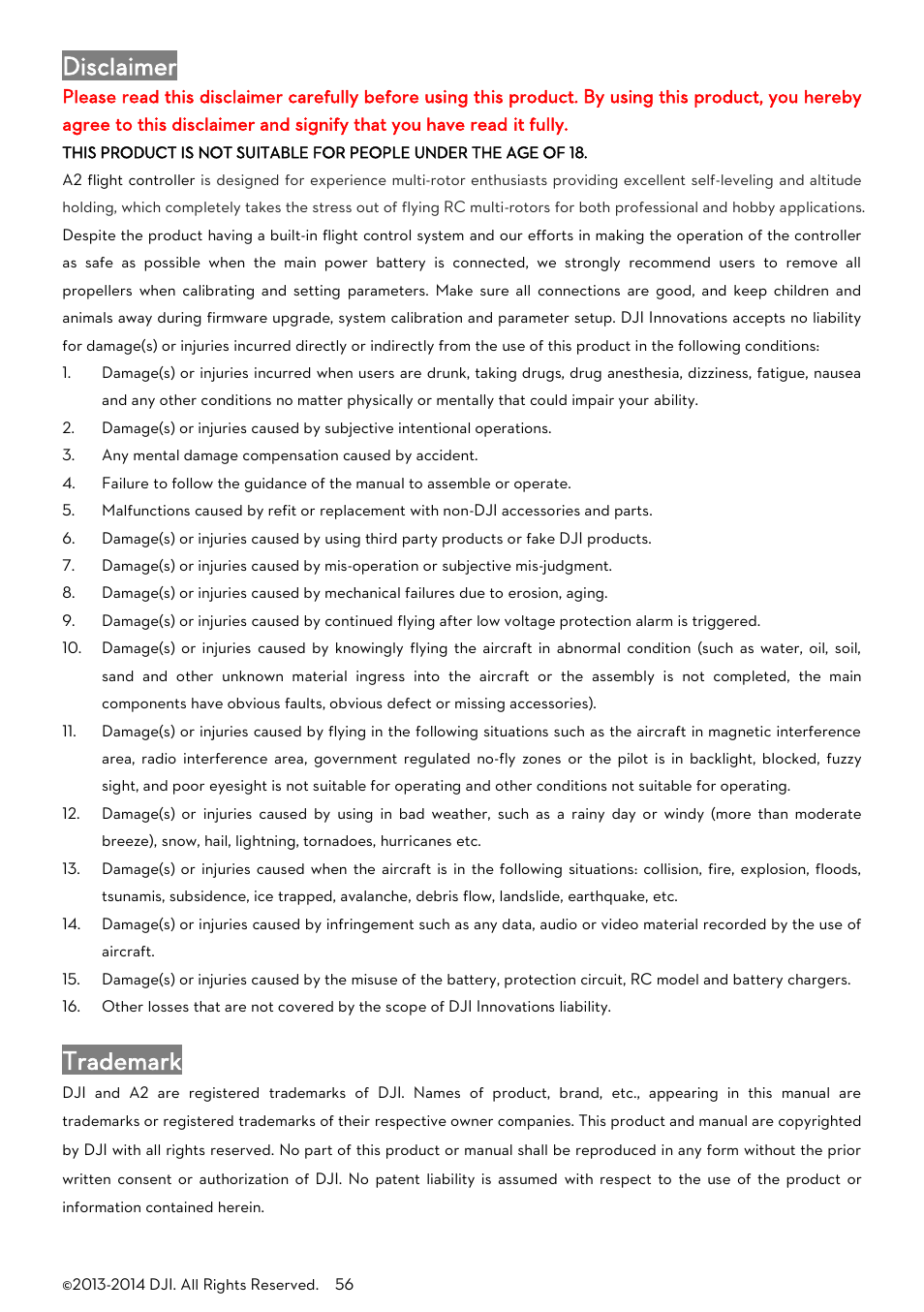 Disclaimer, Trademark | DJI A2 User Manual | Page 56 / 56