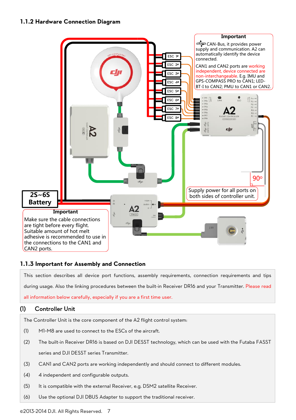 2 hardware connection diagram, 3 important for assembly and connection, 2 hardware connection diagram 90 | 2s~6s battery, 1) controller unit | DJI A2 User Manual | Page 7 / 56