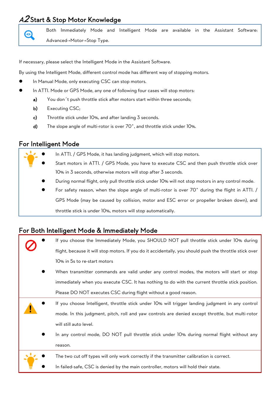 A2 start & stop motor knowledge, Tart, Otor | Nowledge, Start & stop motor knowledge, For intelligent mode, For both intelligent mode & immediately mode | DJI WooKong-M User Manual | Page 12 / 29