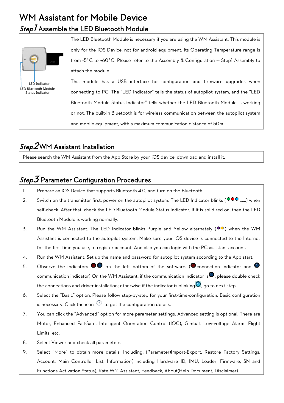Wm assistant for mobile device, Step1 assemble the led bluetooth module, Step2 wm assistant installation | Step3 parameter configuration procedures, Ssemble the, Luetooth, Odule, Ssistant, Nstallation, Arameter | DJI WooKong-M User Manual | Page 20 / 29