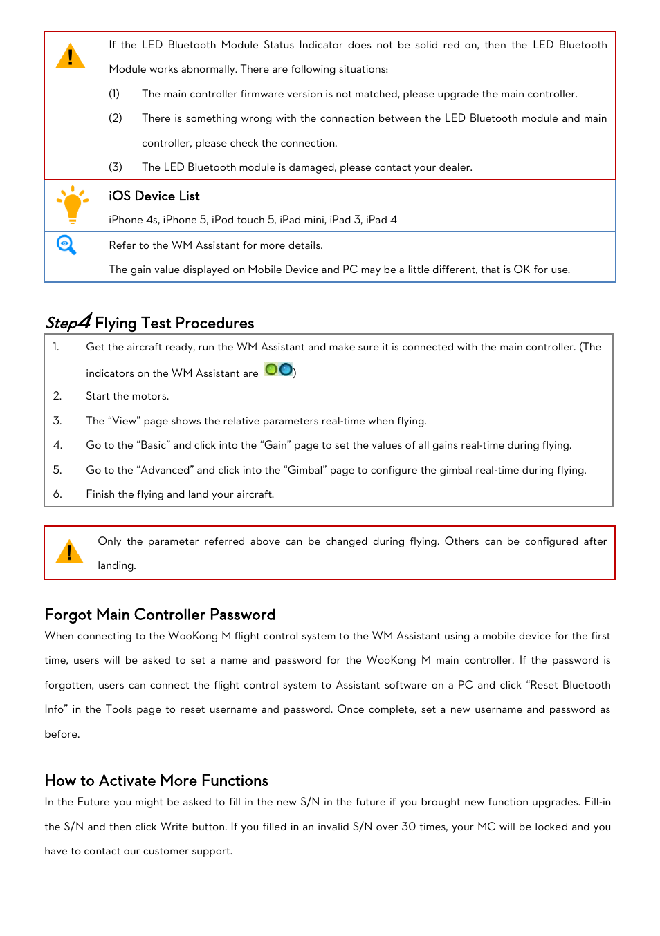 Step4 flying test procedures, Forgot main controller password, How to activate more functions | Lying, Rocedures, Orgot, Ontroller, Assword, Ow to, Ctivate | DJI WooKong-M User Manual | Page 21 / 29