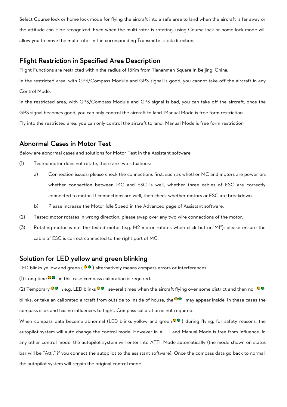 Flight restriction in specified area description, Abnormal cases in motor test, Solution for led yellow and green blinking | Light, Estriction in, Pecified, Escription, Bnormal, Ases in, Otor | DJI WooKong-M User Manual | Page 27 / 29