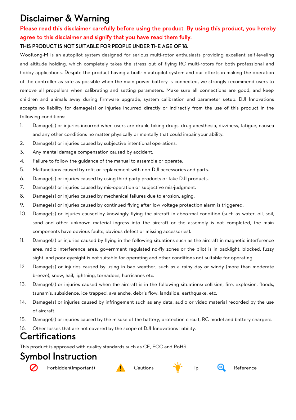 Disclaimer & warning, Certifications, Symbol instruction | DJI WooKong-M User Manual | Page 4 / 29