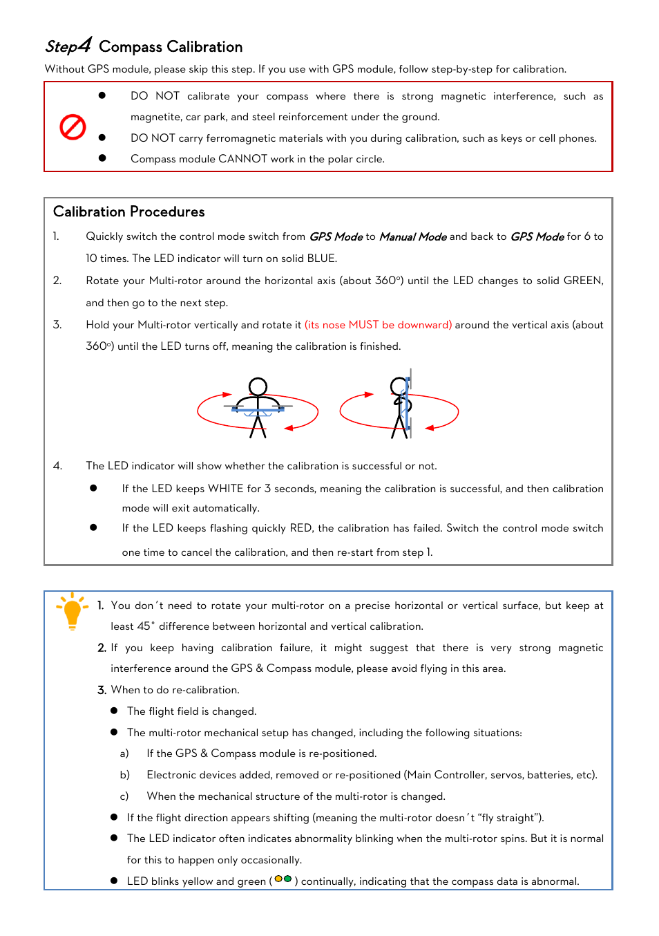 Step4 compass calibration, Ompass, Alibration | Step, Compass calibration, Calibration procedures | DJI WooKong-M User Manual | Page 8 / 29