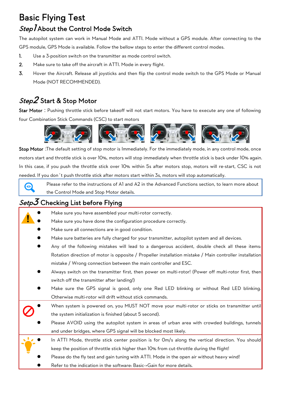 Basic flying test, Step1 about the control mode switch, Step2 start & stop motor | Setp3 checking list before flying, Bout the, Ontrol, Witch, Tart, Otor, Hecking | DJI WooKong-M User Manual | Page 9 / 29