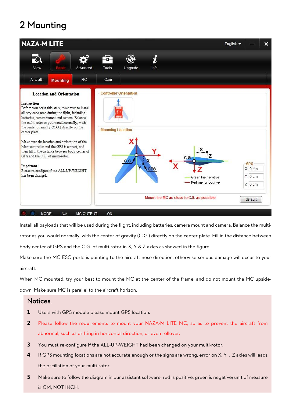 Ounting, 2 mounting, Notices | DJI Naza-M Lite User Manual | Page 14 / 45