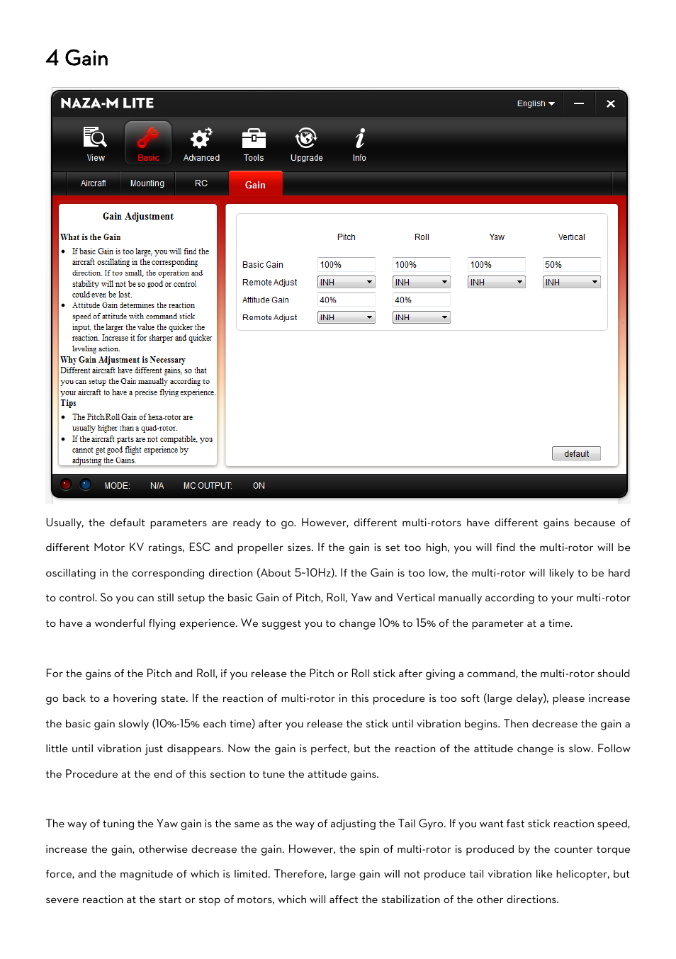 4 gain | DJI Naza-M Lite User Manual | Page 18 / 45