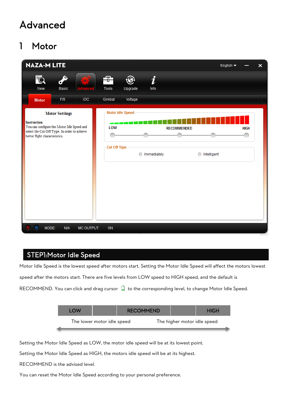 Advanced, Otor, 1 motor | Step1:motor idle speed | DJI Naza-M Lite User Manual | Page 20 / 45