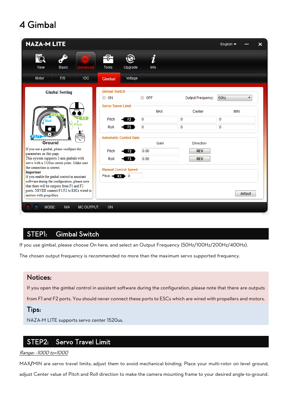 Imbal, 4 gimbal, Step1: gimbal switch | Notices, Tips, Step2: servo travel limit | DJI Naza-M Lite User Manual | Page 30 / 45