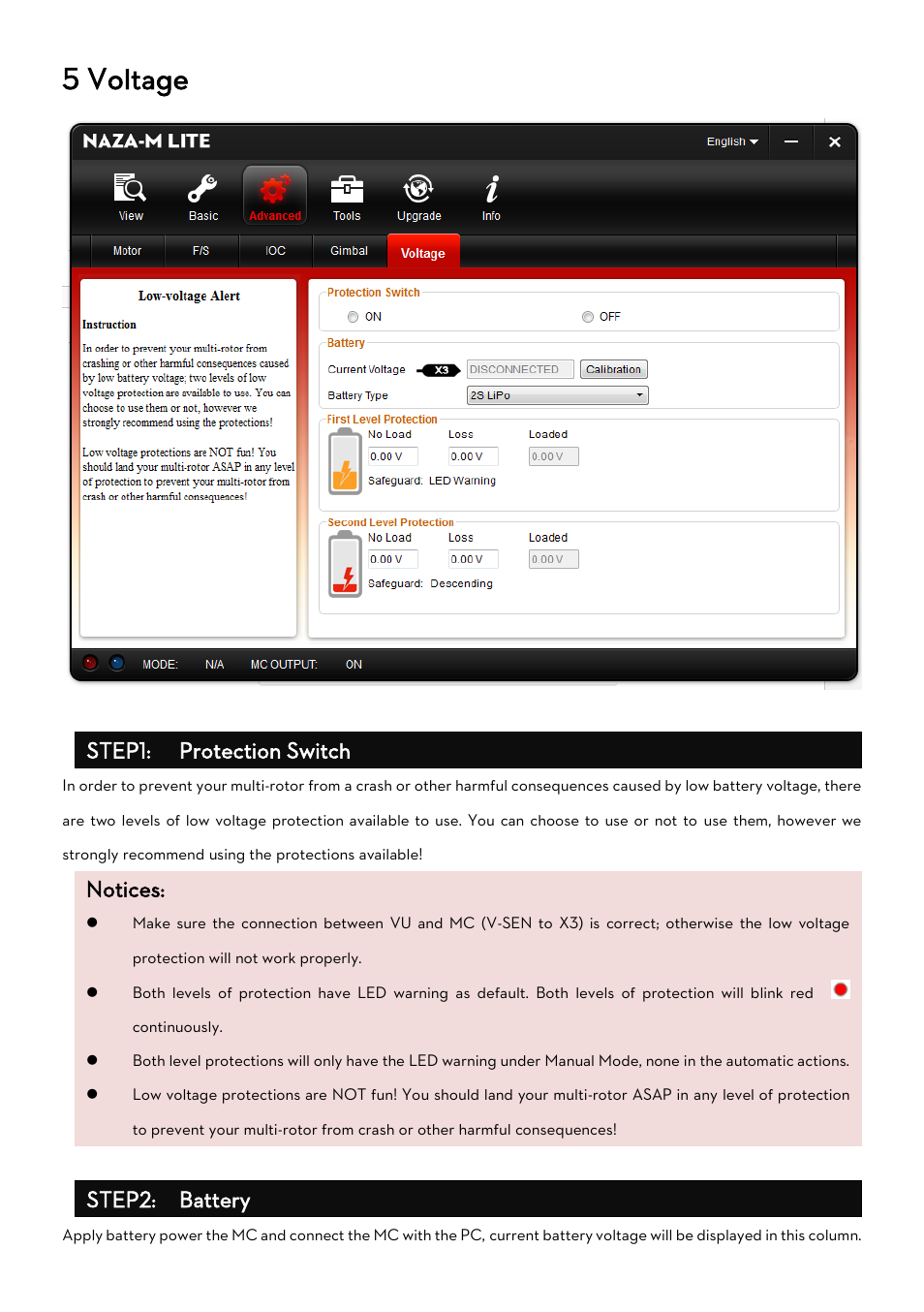 Oltage, 5 voltage, Step1: protection switch | Notices, Step2: battery | DJI Naza-M Lite User Manual | Page 32 / 45