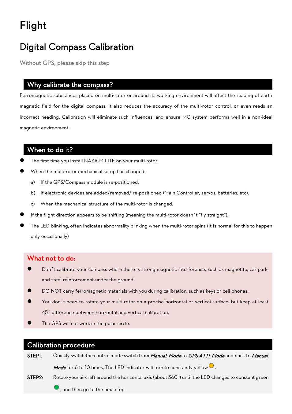 Flight, Igital, Ompass | Alibration, Digital compass calibration, Why calibrate the compass, When to do it, What not to do, Calibration procedure | DJI Naza-M Lite User Manual | Page 35 / 45