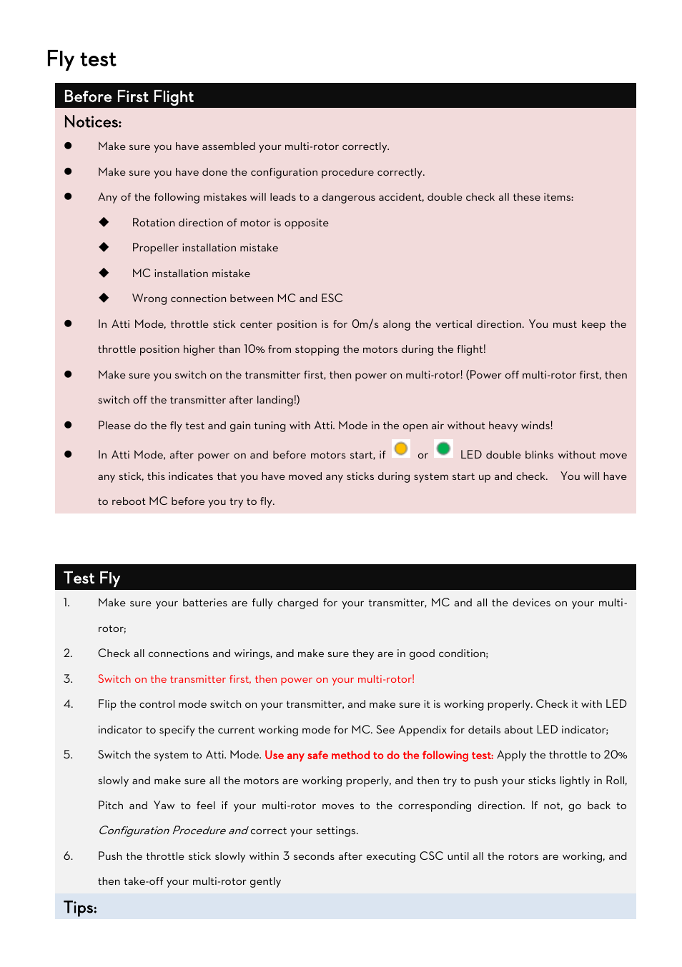 Ly test, Fly test, Before first flight notices | Test fly, Tips | DJI Naza-M Lite User Manual | Page 37 / 45