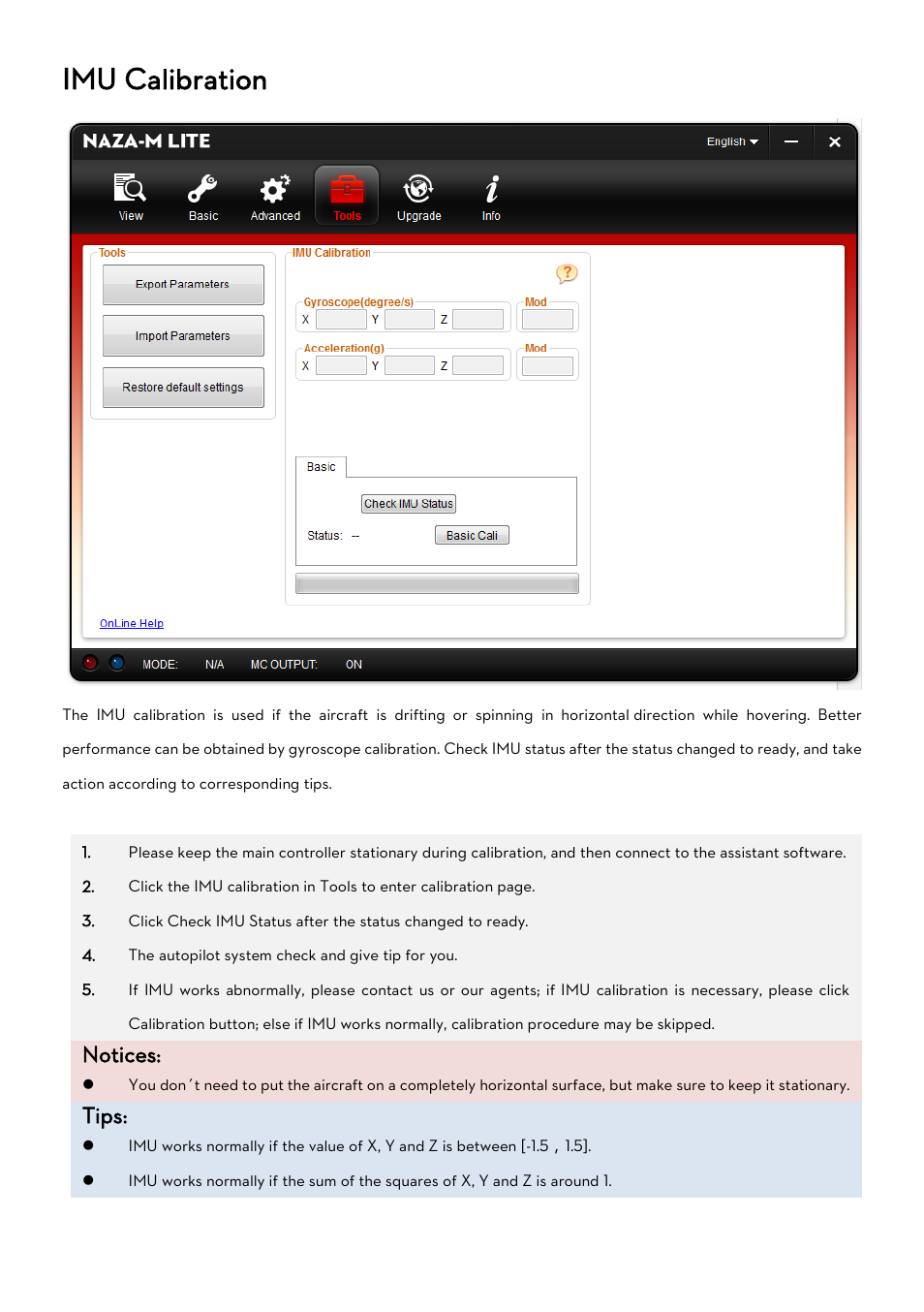 Alibration, Imu calibration, Notices | Tips | DJI Naza-M Lite User Manual | Page 41 / 45