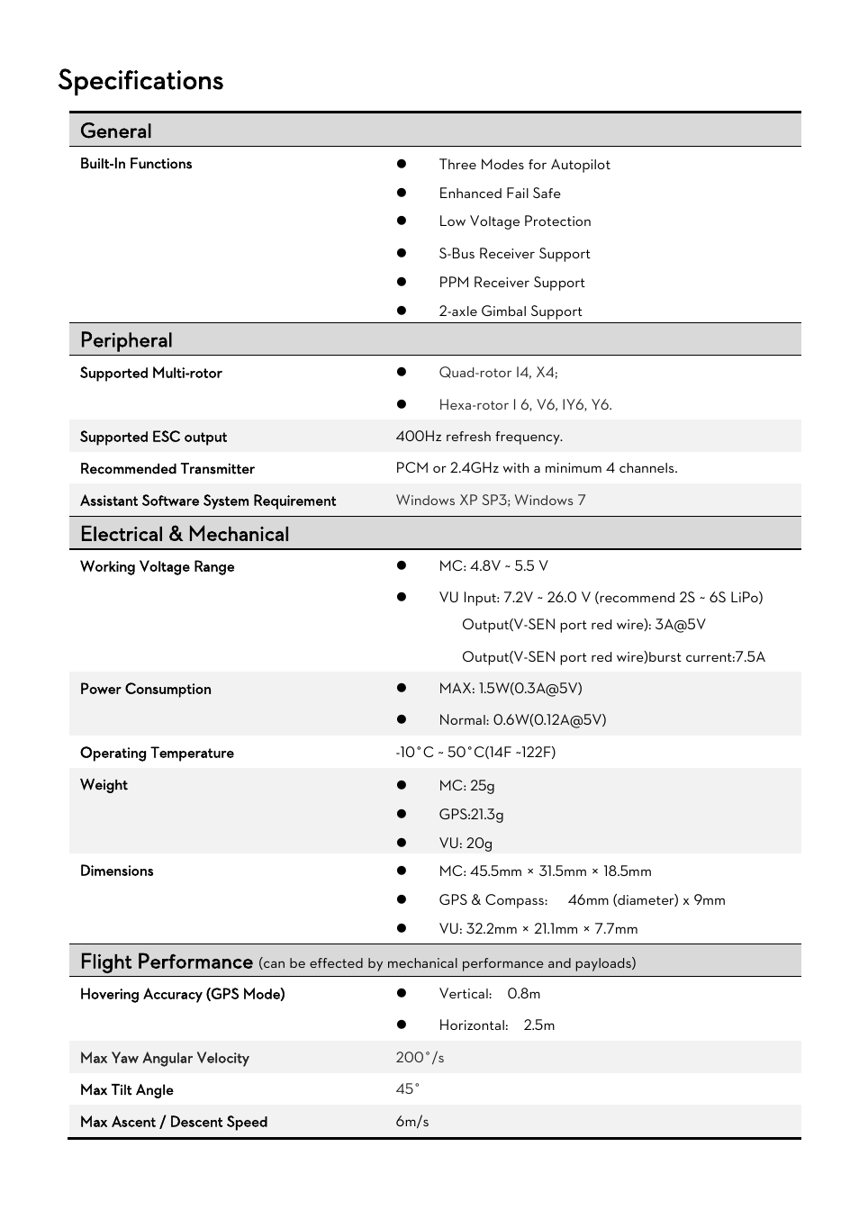 Pecifications, Specifications, General | Peripheral, Electrical & mechanical, Flight performance | DJI Naza-M Lite User Manual | Page 45 / 45