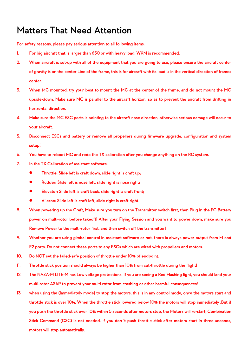 Matters that need attention | DJI Naza-M Lite User Manual | Page 6 / 45