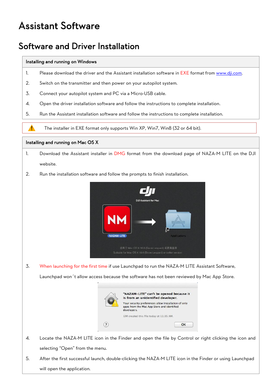 Assistant software, Oftware and, River | Nstallation, Software and driver installation | DJI Naza-M Lite User Manual | Page 9 / 45