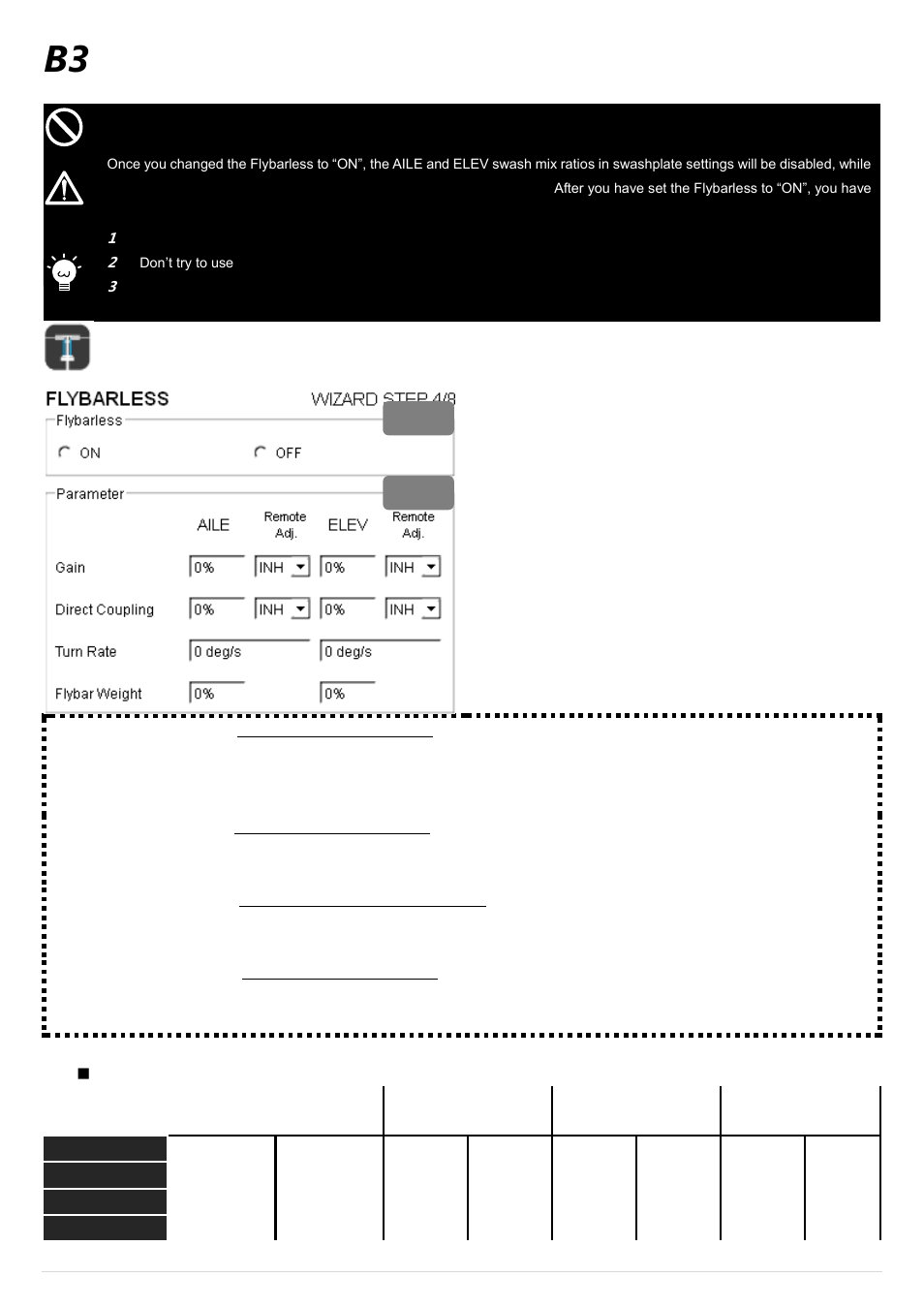 B3 flybarless, Flybarless, Suggested parameters | DJI Ace One User Manual | Page 13 / 28