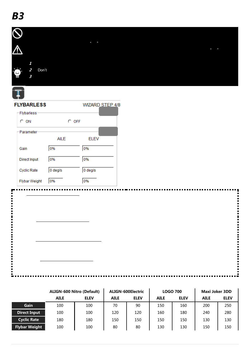 B3 flybarless, Flybarless, Suggested parameters | DJI Wookong-H User Manual | Page 13 / 27
