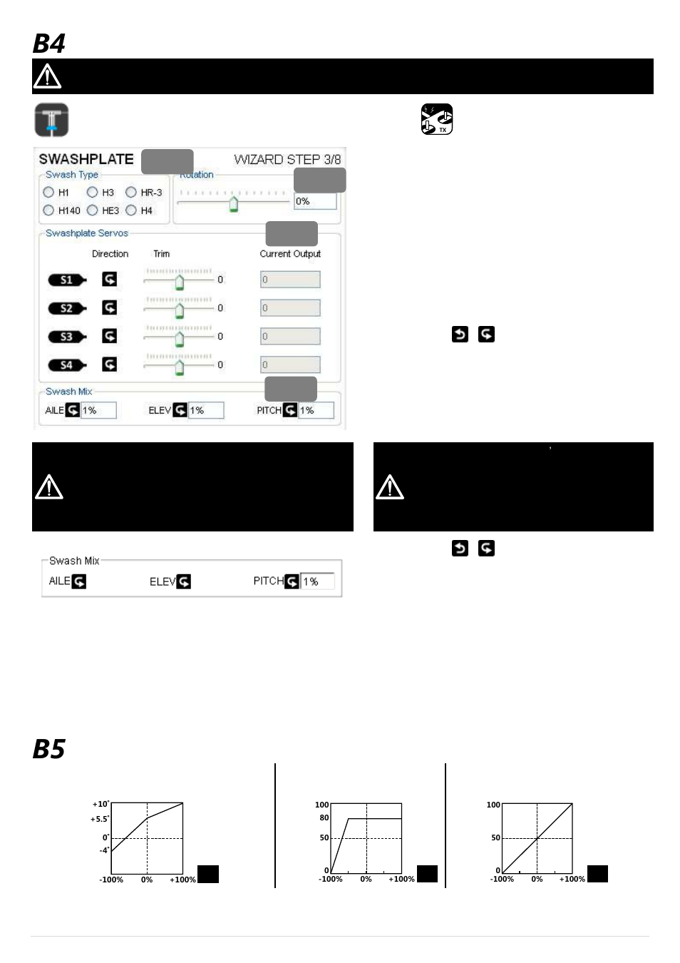 B4 swashplate, B5 pitch and throttle curve setup, Swashplate | Pitch and throttle curve setup | DJI Wookong-H User Manual | Page 14 / 27