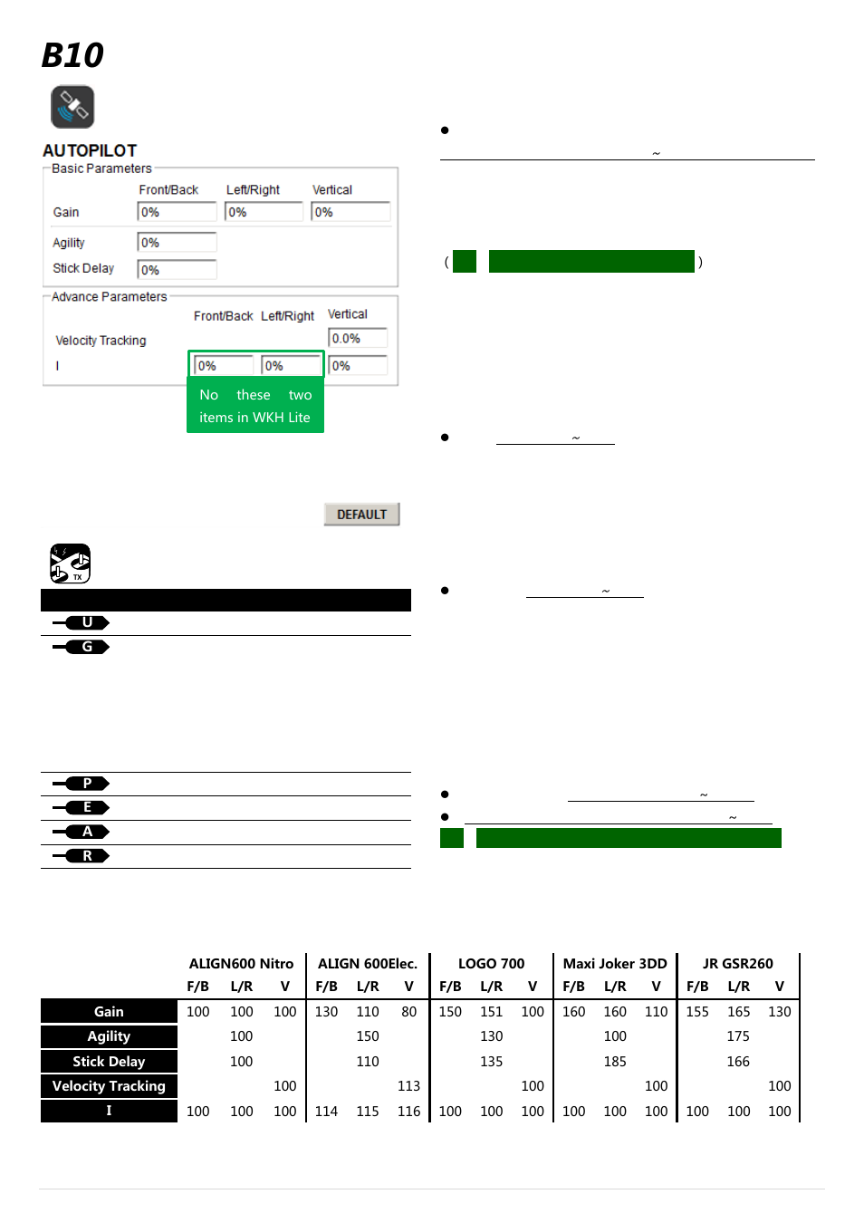 B10 autopilot, Autopilot, Base parameters | Advance parameters, Suggested parameters | DJI Wookong-H User Manual | Page 19 / 27