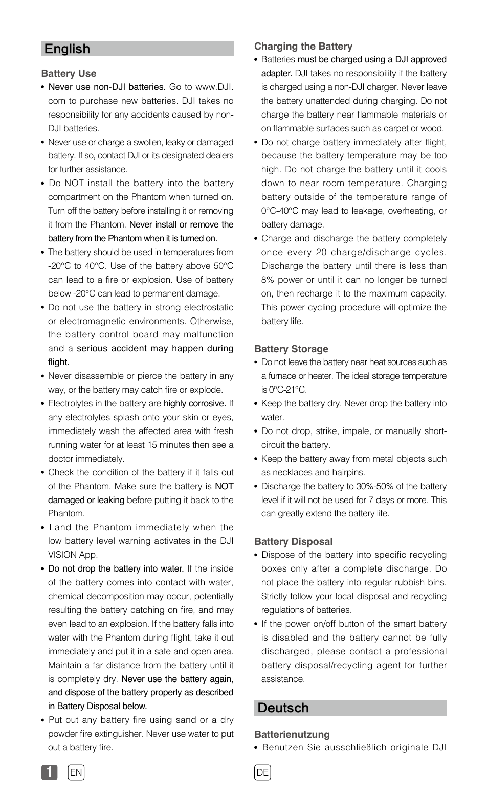 English, Deutsch | DJI Smart Flight Battery Safety User Manual | Page 2 / 6