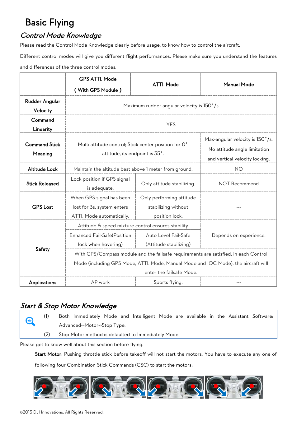 Basic flying, Control mode knowledge, Start & stop motor knowledge | Ontrol, Nowledge, Tart, Otor | DJI Naza-M User Manual | Page 10 / 33