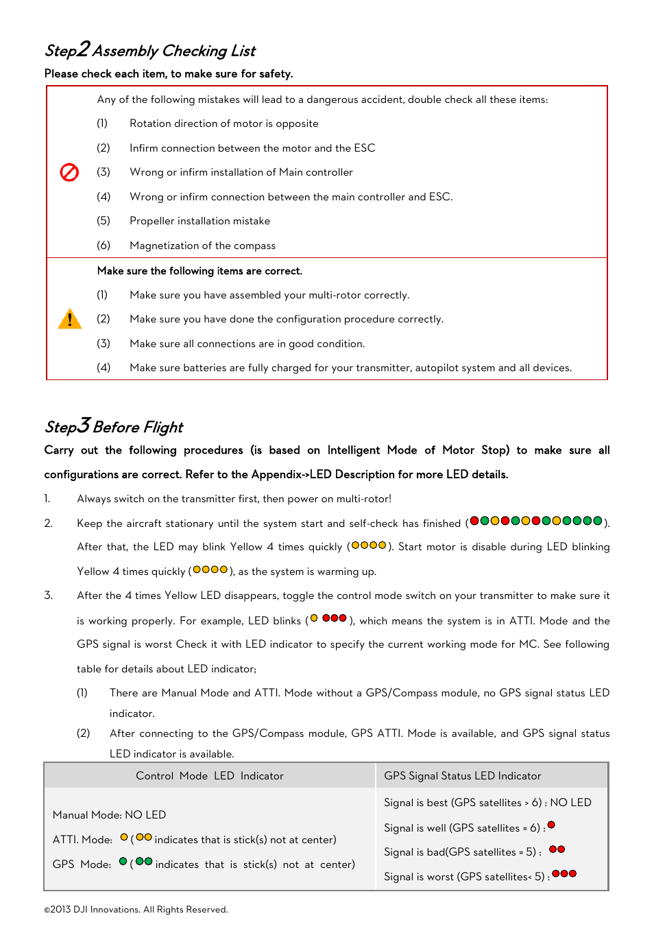 Step2 assembly checking list, Step3 before flight, Ssembly | Hecking, Efore, Light, Step, Assembly checking list, Before flight | DJI Naza-M User Manual | Page 13 / 33