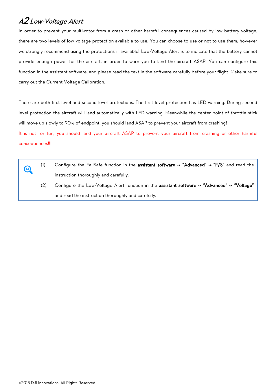 A2 low-voltage alert, Oltage, Lert | Low-voltage alert | DJI Naza-M User Manual | Page 17 / 33