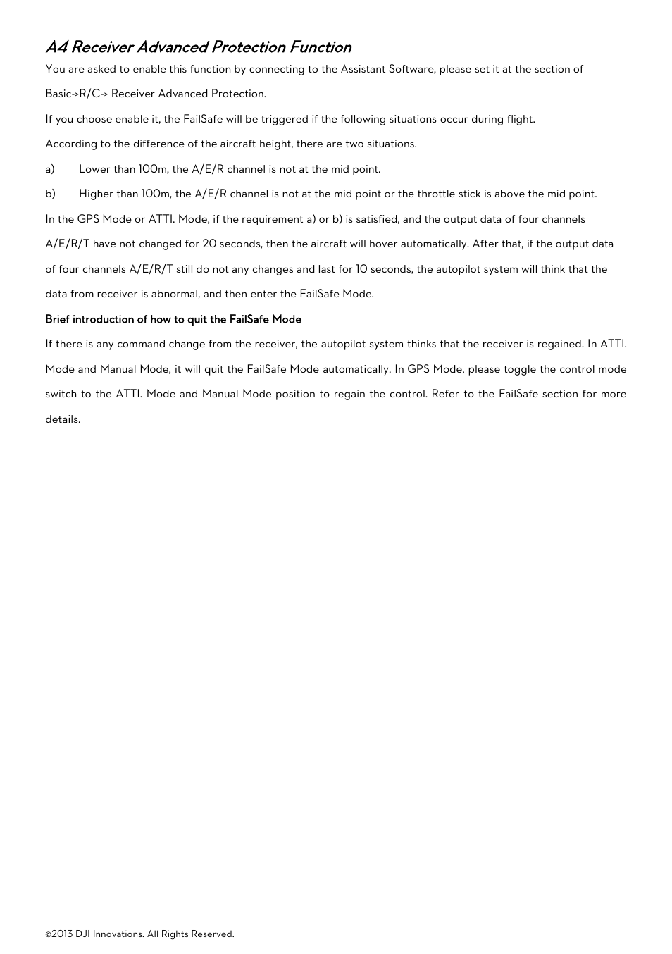 A4 receiver advanced protection function, Eceiver, Dvanced | Rotection, Unction | DJI Naza-M User Manual | Page 21 / 33