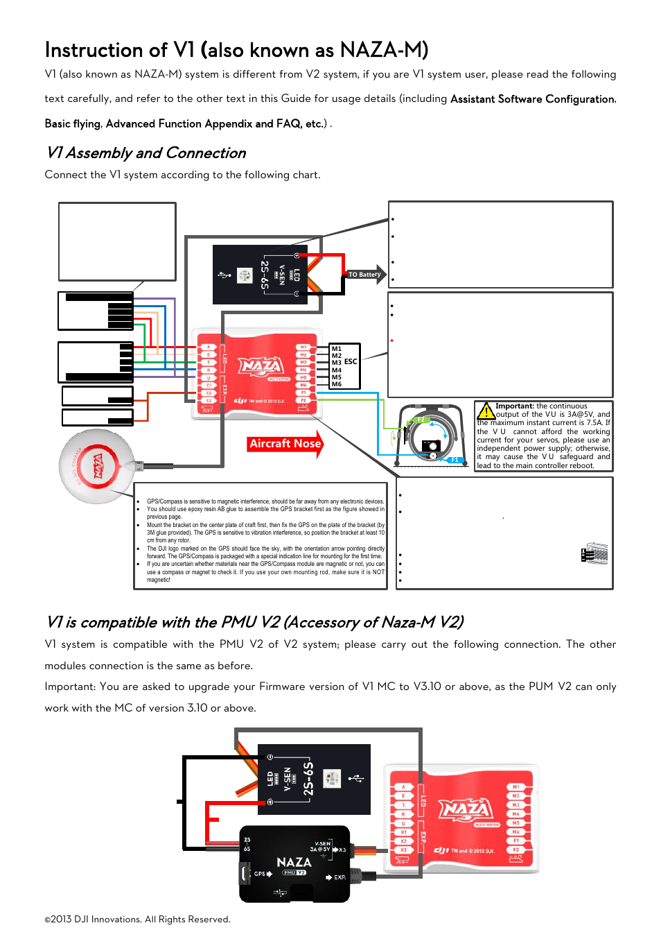 Instruction of v1 (also known as naza-m), V1 assembly and connection, Ssembly and | Onnection, Is compatible with the, Ccessory of, Instruction of v1 ( also known as naza-m), Aircraft nose | DJI Naza-M User Manual | Page 26 / 33