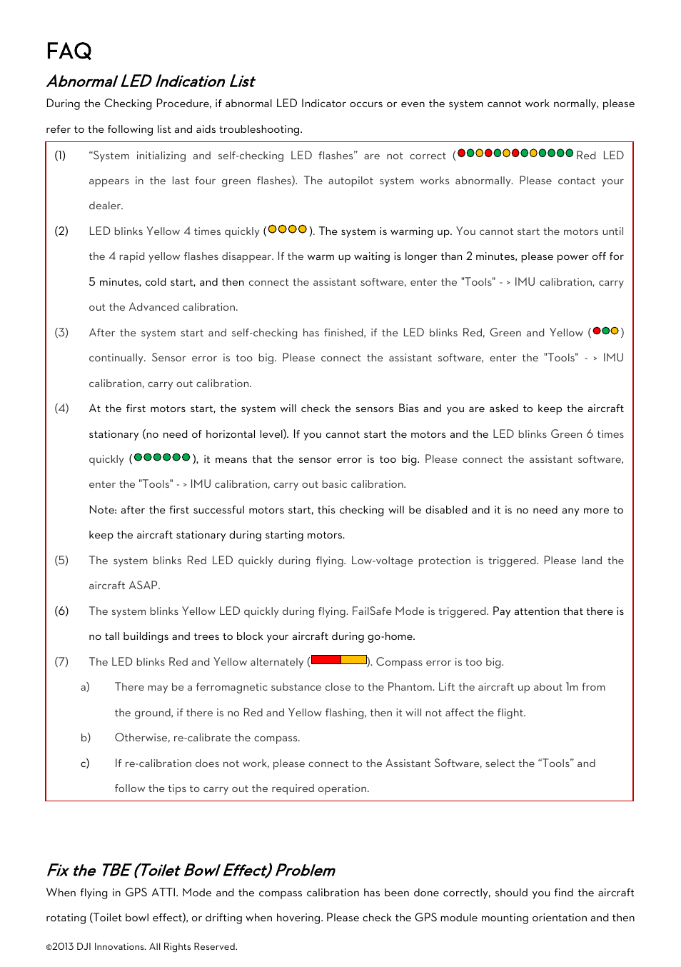 Abnormal led indication list, Fix the tbe (toilet bowl effect) problem, Bnormal | Ndication, Ix the, Oilet, Ffect, Roblem | DJI Naza-M User Manual | Page 29 / 33