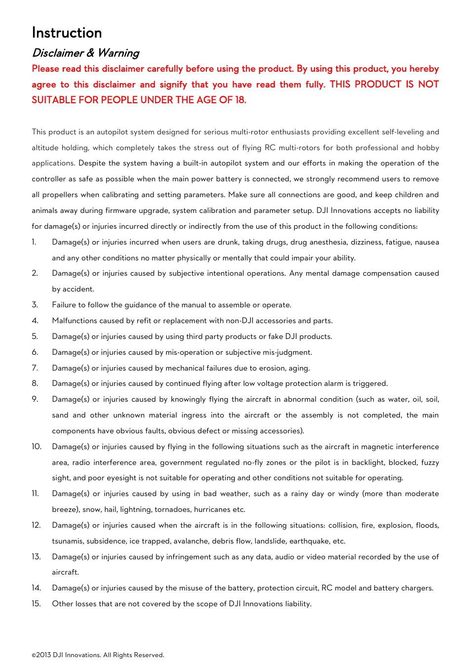 Instruction, Disclaimer & warning, Isclaimer | Arning | DJI Naza-M User Manual | Page 3 / 33