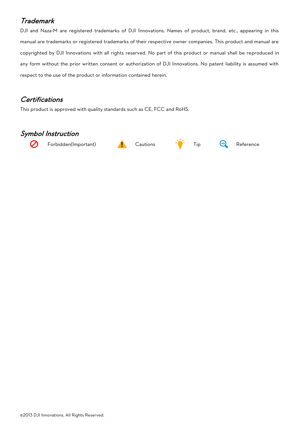 Trademark, Certifications, Symbol instruction | Rademark, Ertifications, Ymbol, Nstruction | DJI Naza-M User Manual | Page 4 / 33